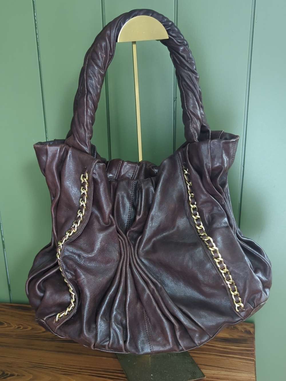 Treesje Handheld Ruched Leather Tote Bag in Dark Brown with Gold Chain Trim